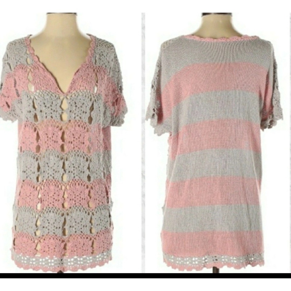Free People Silk Linen Crochet Striped Short Sleeve Sweater Pink Grey Medium
